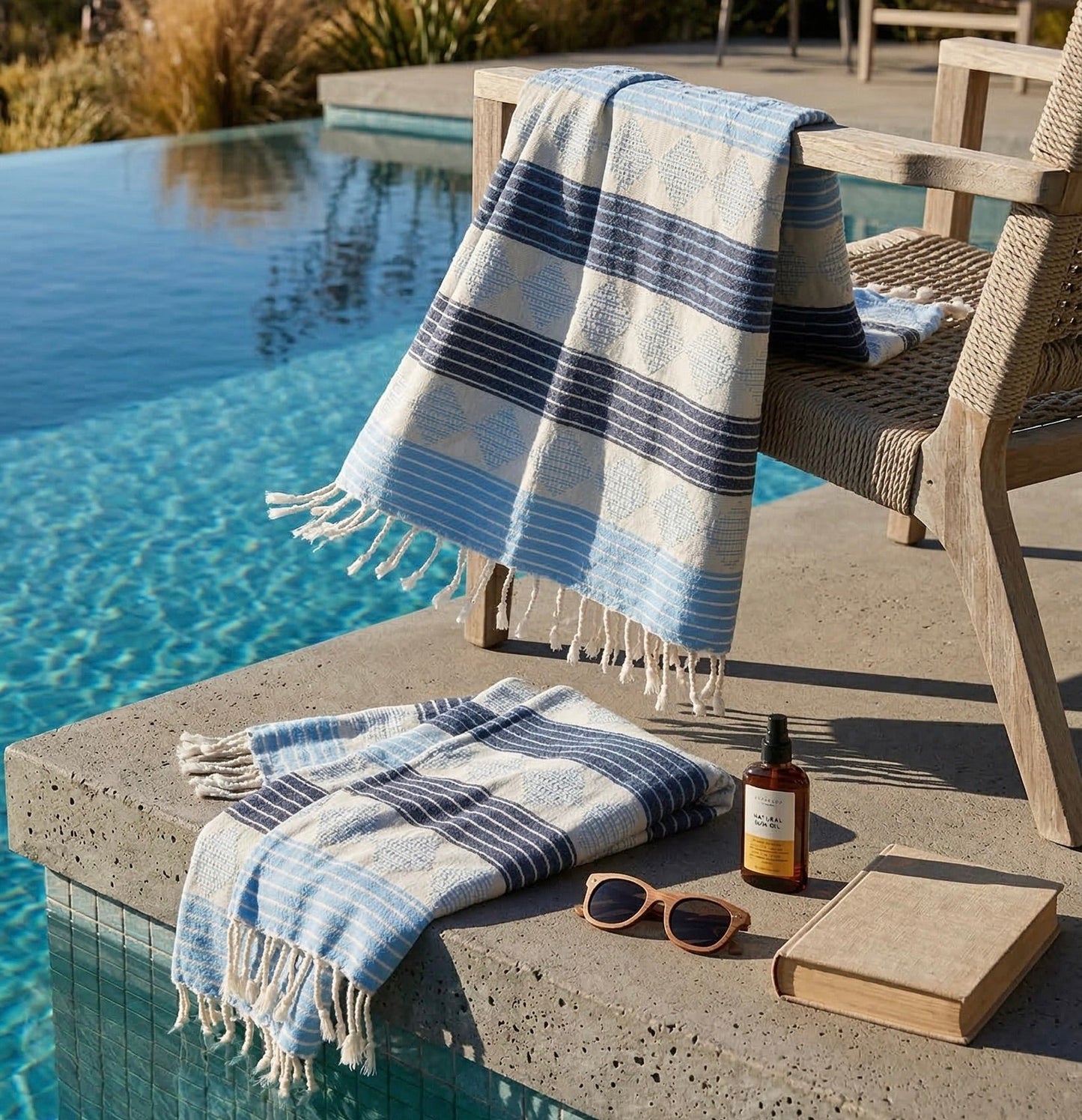 Blue and white striped salt&cotton peshtemal towel on a chair by a pool with sunglasses and a book nearby.