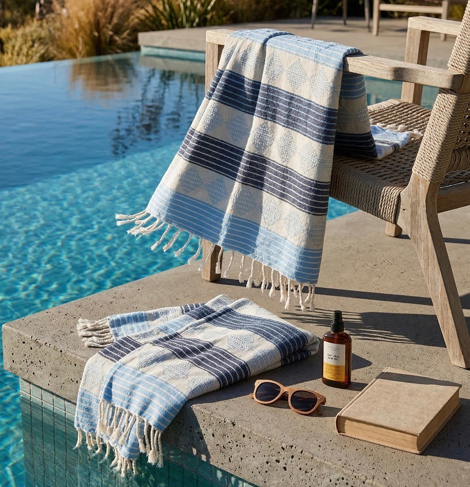 Blue and white striped salt&cotton peshtemal towel on a chair by a pool with sunglasses and a book nearby.